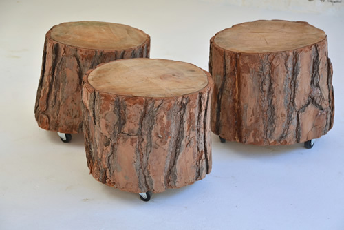 040 B Side tables - natural stumps on wheels